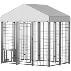 Outdoor Dog Kennel with Waterproof UV-Resistant Cover, Rotating & 4-Level Adjustable Feeding Bowls, 5.9 x 4 x 6 ft