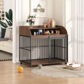 GO 44'' Heavy Duty Large Dog Crate Furniture for Large Medium Dog with Lockable Wheels, Wooden Dog Crate Dog Kennel, End Table Crate with Double layer