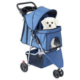 JHK 3 Wheels Foldable Pet Stroller for Small Dogs and Cats Stroller with Mesh Windows Storage Basket Cup Holder for Outdoor Use (Color: Blue)