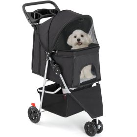 JHK 3 Wheels Foldable Pet Stroller for Small Dogs and Cats Stroller with Mesh Windows Storage Basket Cup Holder for Outdoor Use (Color: Black)