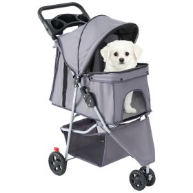 JHK 3 Wheels Foldable Pet Stroller for Small Dogs and Cats Stroller with Mesh Windows Storage Basket Cup Holder for Outdoor Use (Color: Gray)