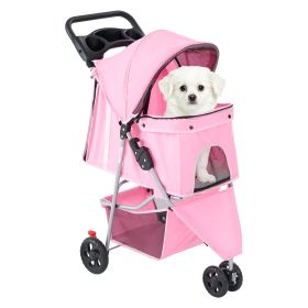 JHK 3 Wheels Foldable Pet Stroller for Small Dogs and Cats Stroller with Mesh Windows Storage Basket Cup Holder for Outdoor Use (Color: Pink)