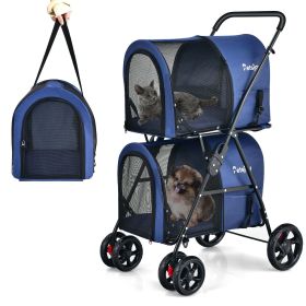 4-in-1 Double Pet Stroller with Detachable Carrier (Color: Blue)