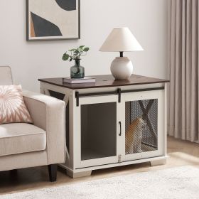 Farmhouse Dog Cage Crate Furniture with Sliding Barn Door, Farmhouse Wooden Dog Kennel End Table with Flip-top Plate Dog House with Detachable Divider (Color: White, Material: MDF+Metal)