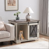 Farmhouse Dog Cage Crate Furniture with Sliding Barn Door, Farmhouse Wooden Dog Kennel End Table with Flip-top Plate Dog House with Detachable Divider