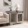 Farmhouse Dog Cage Crate Furniture with Sliding Barn Door, Farmhouse Wooden Dog Kennel End Table with Flip-top Plate Dog House with Detachable Divider