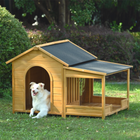 60.2 Large Wooden Dog House With Porch, Cabin Style Dog Crate With Asphalt Roof And Elevated Floor, Dog Kennel With Side Window And Doors, Perfec (Option: Natural)