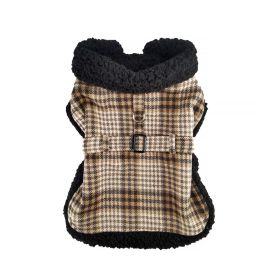 Sherpa-Lined Dog Harness Coat - Brown & White Plaid (size: X-Small)