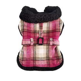 Sherpa-Lined Dog Harness Coat - Hot Pink & Tan Plaid (size: X-Small)